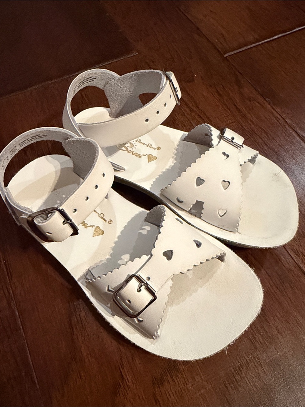 White Heart Cutout Ankle-Strap Kids Sandals with Buckles